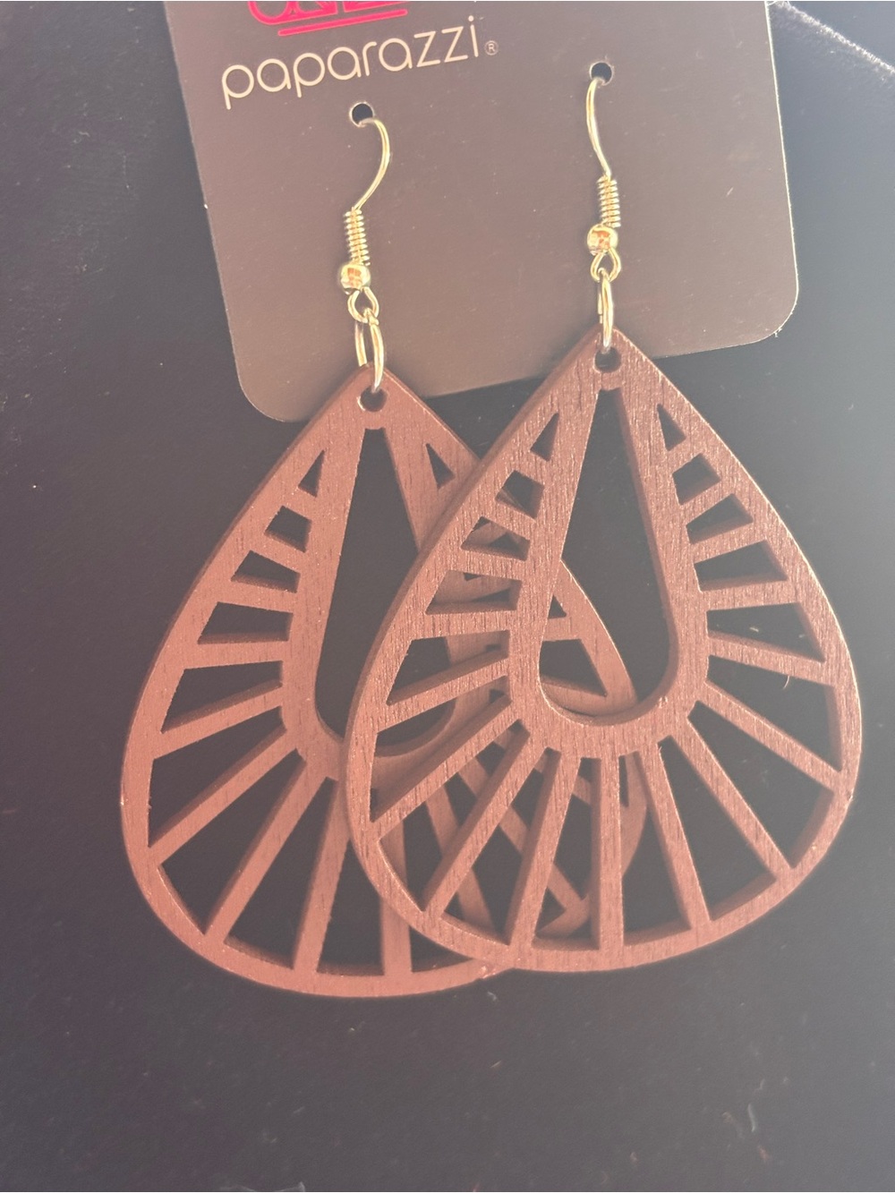 Paparazzi Brown Openwork Teardrop Wood Hook Earrings